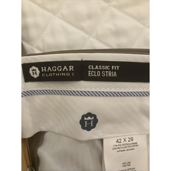 Haggar‎ Men’s E-CLO™ Stria Dress Pant Khaki Brown Flat Front 42x29 Comfort Waist - Picture 4 of 6